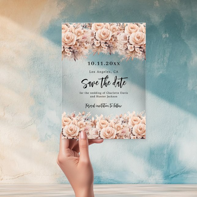 Rose gold cream florals wedding save the date card acrylic invitations (Creator Uploaded)