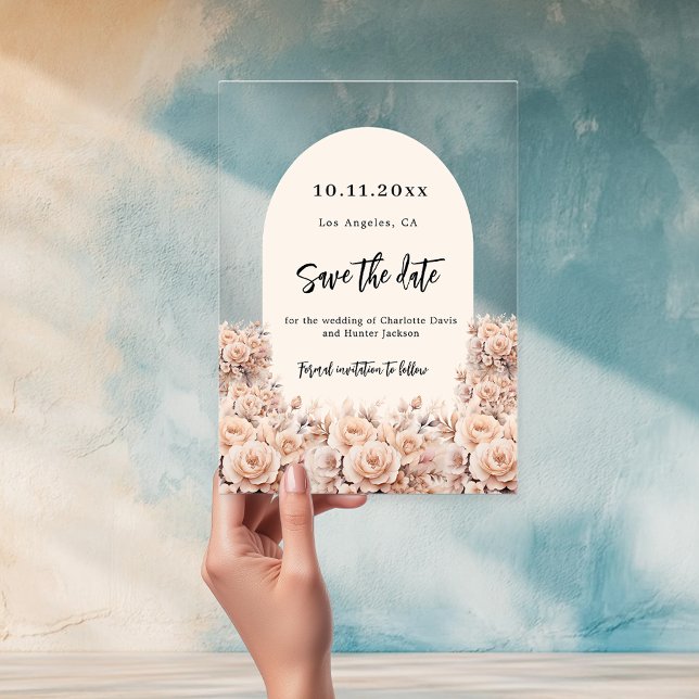 Rose gold cream florals wedding save the date card acrylic invitations (Creator Uploaded)