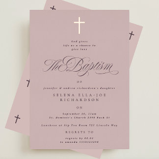 Rose Gold Cross Calligraphy Pink Baptism Invite