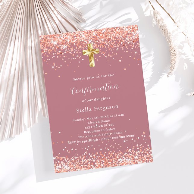 Rose gold cross girl confirmation invitation (Creator Uploaded)
