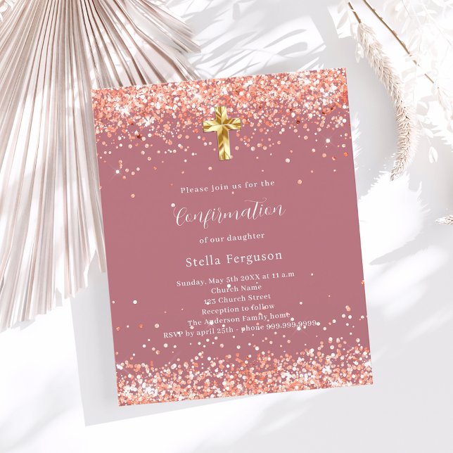 Rose gold cross girl confirmation invitation (Creator Uploaded)