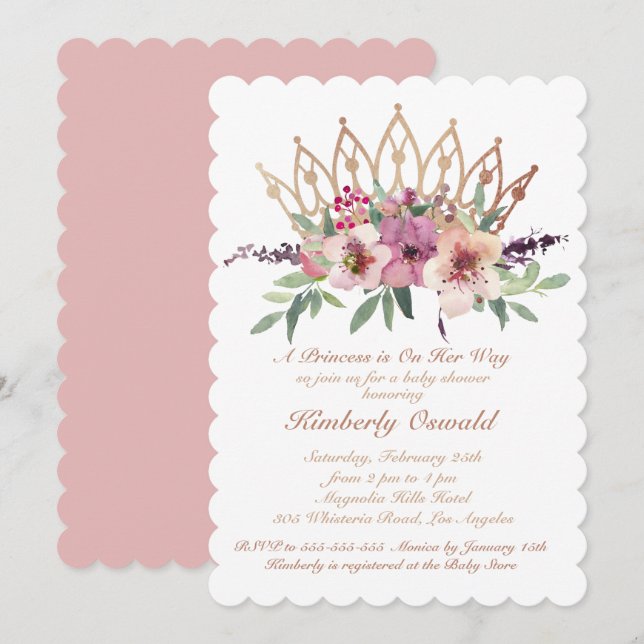 Rose Gold Crown Blush Pink Floral Baby Girl Shower Invitation (Front/Back)
