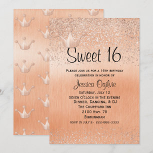 Rose Gold Crown Gold Sweet 16 Birthday Invitation