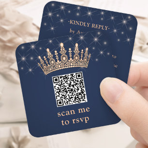 Rose Gold Crown QR Code RSVP Navy Blue Quinceañera Enclosure Card