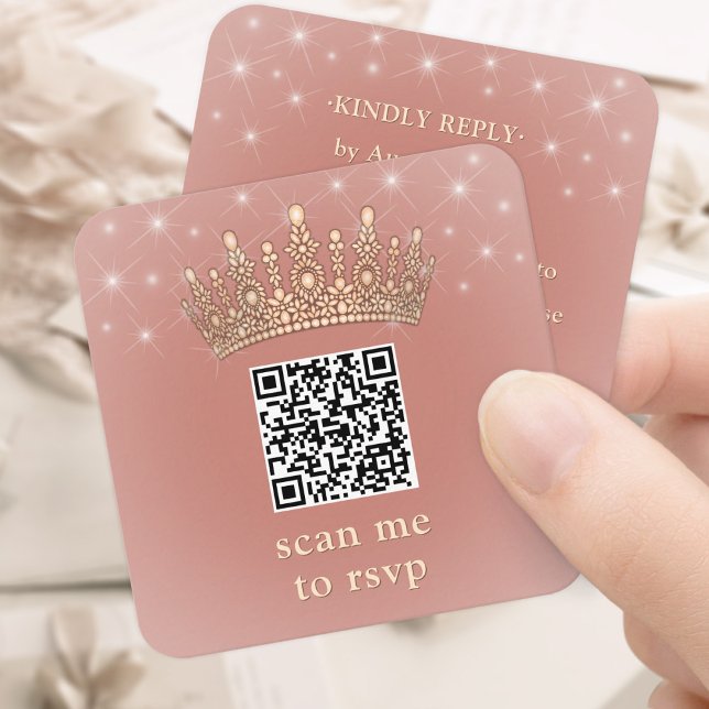 Rose Gold Crown Quinceañera Scan Me QR Code RSVP Enclosure Card (Creator Uploaded)
