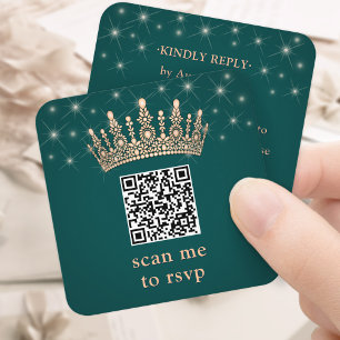 Rose Gold Crown Scan Me Quinceañera QR RSVP Green Enclosure Card