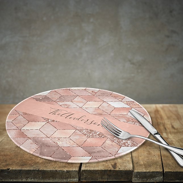 Rose gold cube marble family name script  cutting board (Creator Uploaded)
