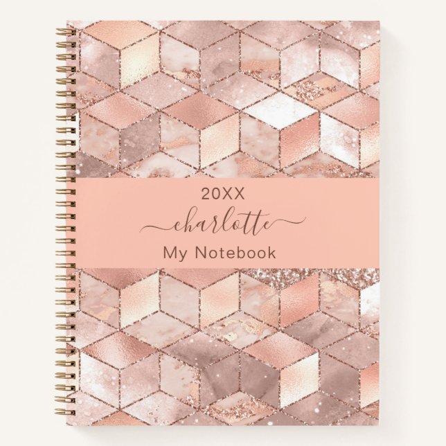 Rose gold cube marble name glitter script notebook (Front)