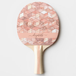 Rose gold cube marble name glittere script ping pong paddle