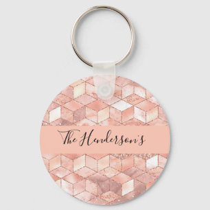 Rose gold cube pattern family monogram script key ring