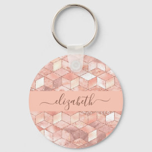 Rose gold cube pattern name monogram script key ring