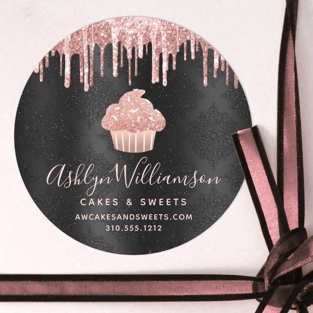 Rose Gold Cupcake Glitter Drips Bakery Black Chef Classic Round Sticker (Creator Uploaded)
