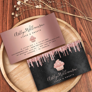 Rose Gold Cupcake Glitter Drips Bakery Chef Black Business Card