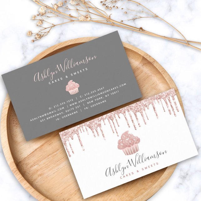 Rose Gold Cupcake Glitter Drips Bakery Pastry Chef Business Card (Creator Uploaded)