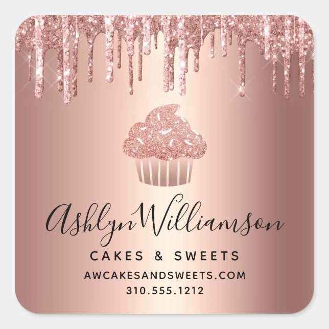Rose Gold Cupcake Glitter Drips Pastry Chef Bakery Square Sticker (Front)