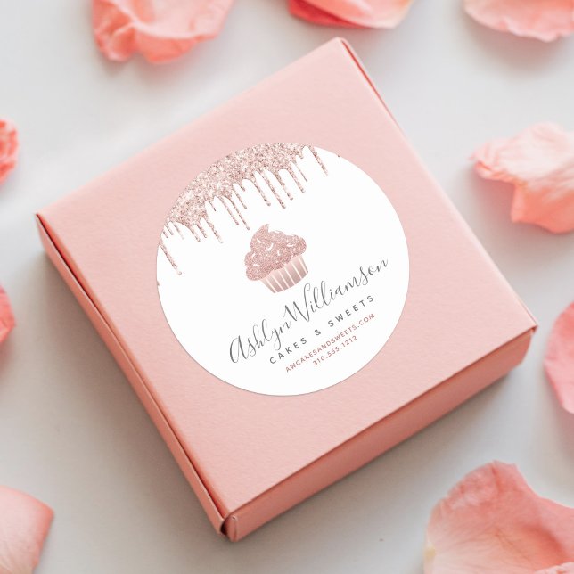 Rose Gold Cupcake Pastry Chef Bakery Glitter Drips Classic Round Sticker (Creator Uploaded)