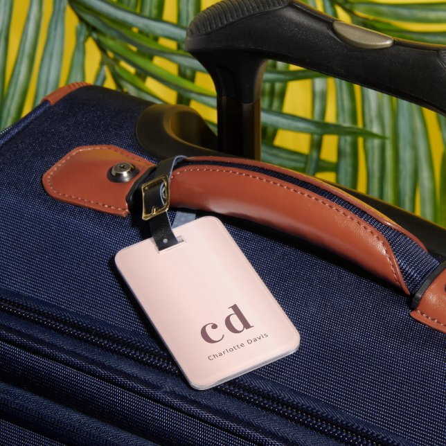 Rose gold custom monogram name modern luggage tag (Front Insitu 1)