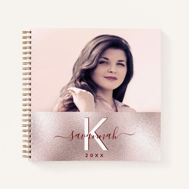 Rose gold custom photo pink monogram name notebook (Front)
