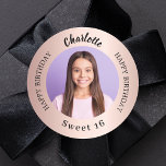 Rose gold custom photo Sweet 16 Classic Round Sticker<br><div class="desc">A classic rose gold,  blush gradient background,  black text. Text: Happy birthday (x2) Personalise and add a name,  and photo.</div>