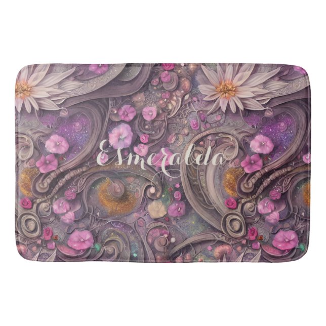 Rose Gold Daisy and Pansies Elegant Floral Bath Mat (Front)