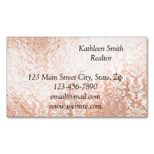 Rose Gold Damask Elegant Script Magnetic Business Card