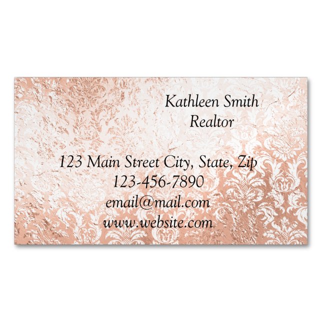 Rose Gold Damask Elegant Script Magnetic Business Card (Front)