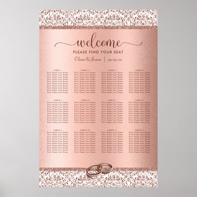 Rose Gold Damask Elegant Wedding Seating Chart (Front)