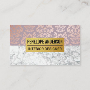 Rose Gold Damask Metallic Pattern White Marble Business Card