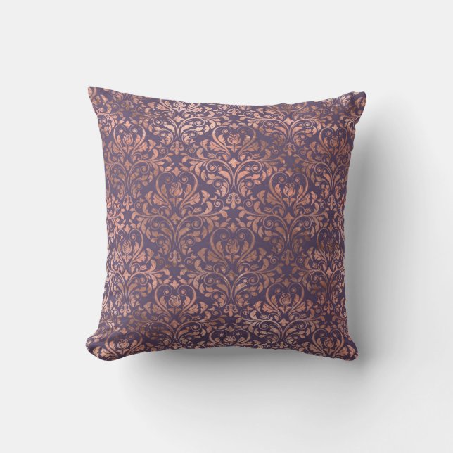 Rose Gold Damask on Purple Cushion (Front)