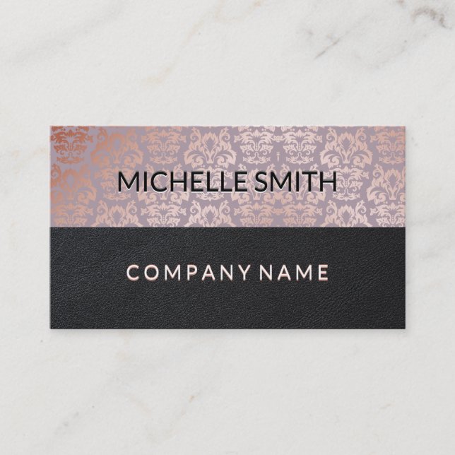 Rose Gold Damask Pattern Black Leather Colour Bloc Business Card (Front)