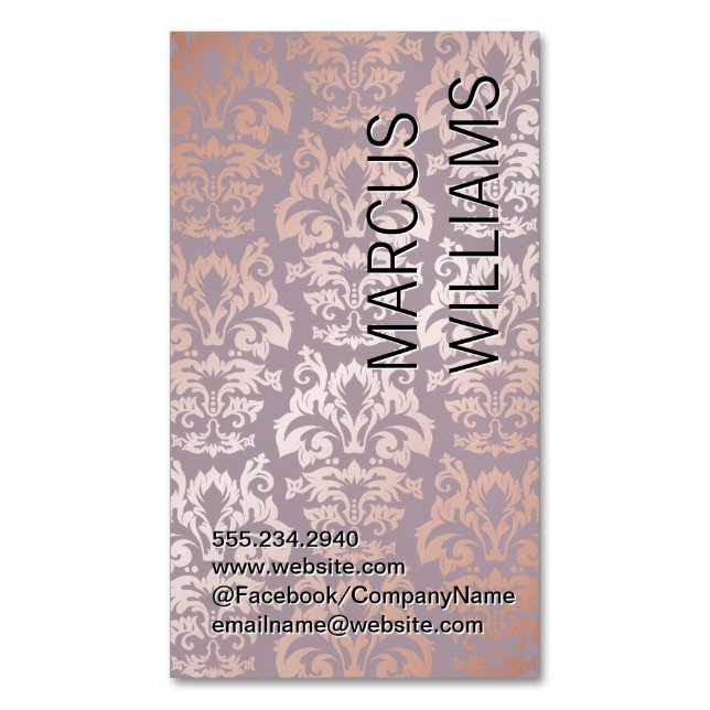 Rose Gold Damask Pattern Magnetic Business Card (Front Vertical)