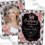 Rose Gold Damask Photo 50th Birthday Invitation<br><div class="desc">Elegant floral 50th birthday invitation with your photo at the back of the card. Glam black and pink design with faux glitter rose gold. Features black and white damask pattern, blush pink roses, script font and confetti. Perfect for a stylish adult bday celebration party. Personalise with your own details. Can...</div>