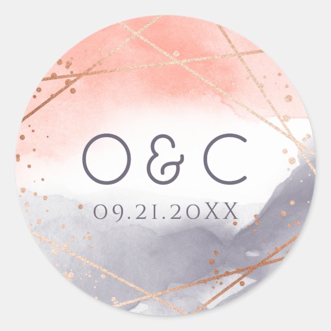Rose Gold Dawn Watercolor Geometric monogram Classic Round Sticker (Front)
