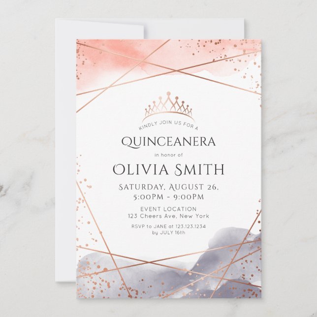 Rose Gold Dawn Watercolor Geometric Quinceanera Invitation (Front)
