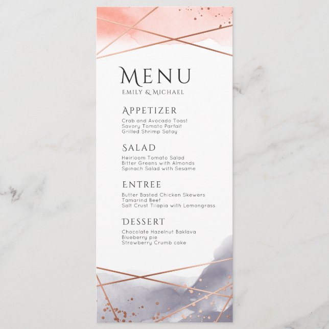 Rose Gold Dawn Watercolor Geometric wedding menu (Front)