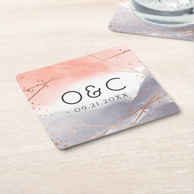 Rose Gold Dawn Watercolor Geometric Wedding Square Paper Coaster (Angled)