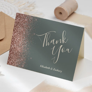 Rose Gold Deep Sage Green Wedding Thank You Card