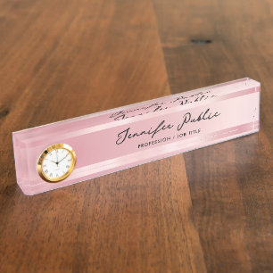 Rose Gold Desk Name Plate With Clock Calligraphy