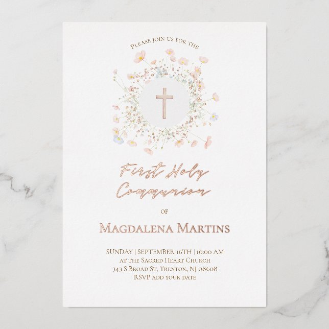 rose gold details First Communion delicate flowers (Front)