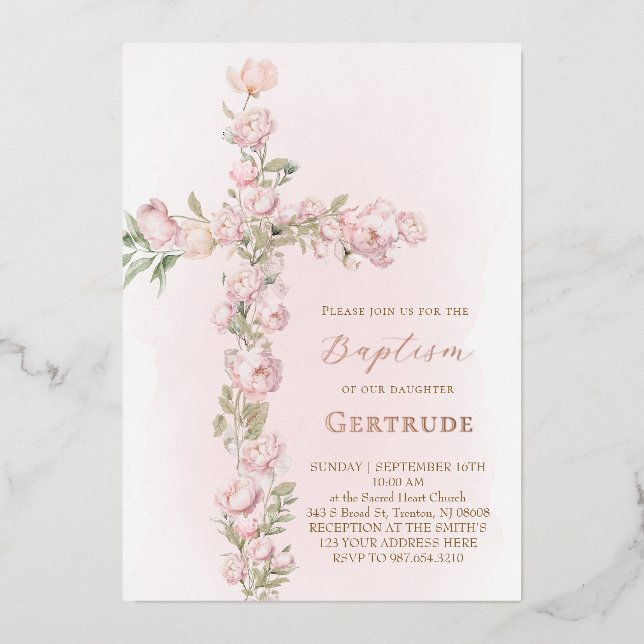 rose gold details peonies cross Baptism (Front)