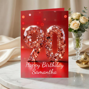 Rose Gold Diamond 90th Birthday Red Sparkle Card