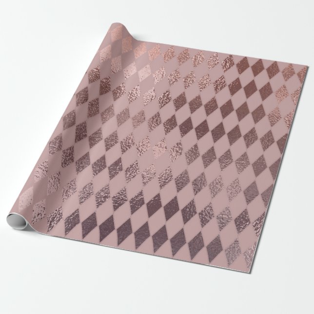 Rose Gold Diamond Chequered Pattern on Blush Pink Wrapping Paper (Unrolled)