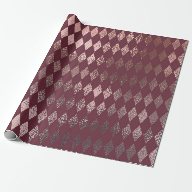 Rose Gold Diamond Chequered Pattern on Burgundy Wrapping Paper (Unrolled)