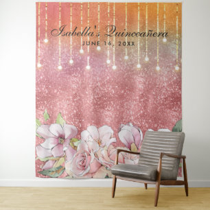 Rose Gold Diamond Glitter Floral Quinceañera Tapestry