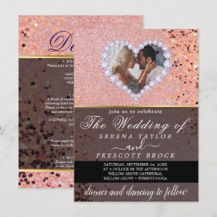 Rose Gold Diamond Heart Custom Photo Wedding Invitation
