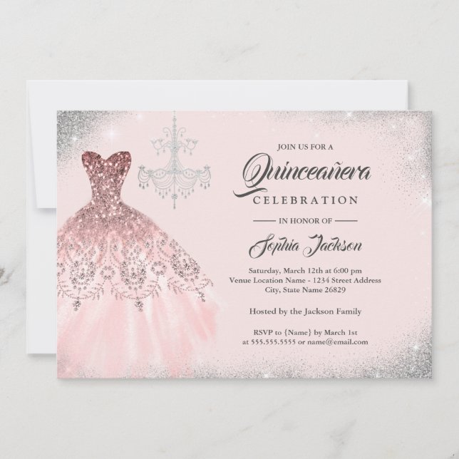 Rose Gold Diamond Lace Gown Quinceanera  Invitation (Front)