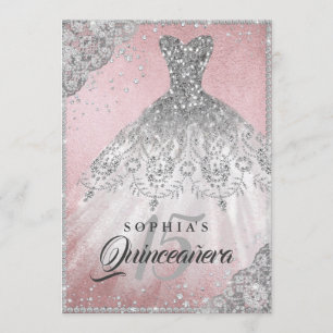 Rose Gold Diamond Lace Sparkle Gown Quinceanera Invitation