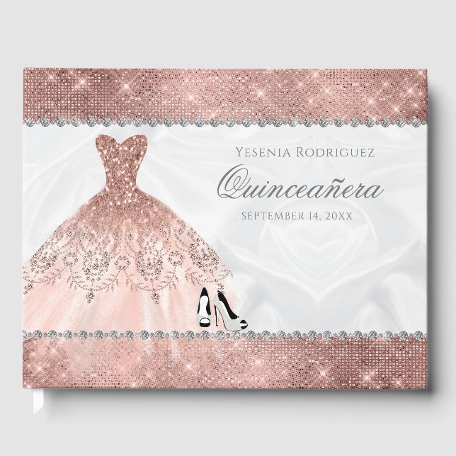 Rose Gold Diamond Sparkle Glam Quinceanera Guest Book (Front)
