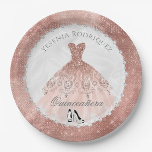 Rose Gold Diamond Sparkle Glam Quinceañera Paper Plate