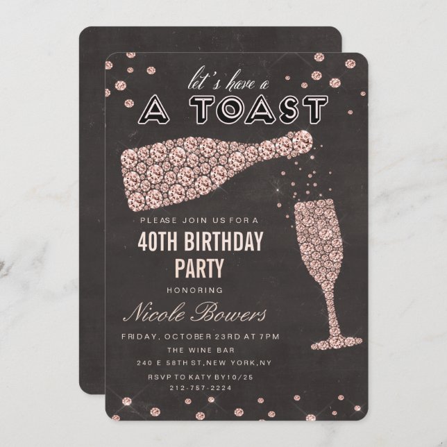 Rose Gold Diamond Wine Glass Birthday Invitation (Front/Back)